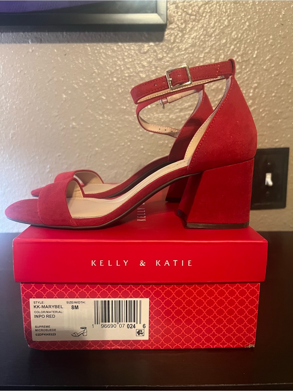 Kelly & Katie Red Suede Block Heel Ankle Strap Sandals